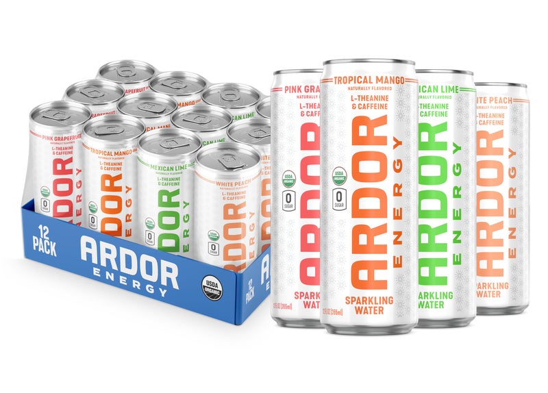 ARDOR ENERGY Sparkling Water with 100mg Natural Caffeine & 200mg L-Theanine from Organic Green Tea for Smooth Energy & Focus | Healthy Energy Drink | No Sugar, Zero Calories, Vegan, Gluten-Free | Tropical Variety (Pack of 12, 12oz cans) - Image 1